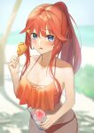  1girl absurdres bangs beach bikini blue_eyes blush breasts cleavage corn_dog cup eating food food_on_face go-toubun_no_hanayome grass hair_ornament highres holding holding_cup holding_food ketchup large_breasts long_hair looking_at_viewer mustard nakano_itsuki ocean open_mouth ponytail rakkasei red_hair sand shadow shaved_ice sidelocks solo star_(symbol) star_hair_ornament swimsuit tree water 