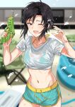  1girl antenna_hair black_hair bra commentary cowboy_shot grey_eyes groin highres idolmaster kikuchi_makoto midriff navel one_eye_closed open_mouth see-through shirt short_hair shorts solo tied_shirt tsurui underwear water water_gun wet wet_clothes 