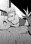  1girl absurdres areola_slip areolae bed blinds blush breasts chariot_(prettyme) commentary_request cuffed cuffs drooling eyebrows_visible_through_hair greyscale handcuffs highres long_hair maou_(chariot) monochrome on_bed original sweat 