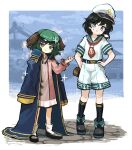  2girls anchor_print animal_ears architecture belt black_hair black_legwear dog_ears dress east_asian_architecture eyebrows_visible_through_hair eyewear_on_head green_eyes green_hair hair_between_eyes hands_on_hips hat highres hishaku howhow_notei kasodani_kyouko multiple_girls murasa_minamitsu necktie oversized_clothes red_neckwear sailor_collar sailor_dress sailor_hat shoes short_hair short_sleeves shorts sigh smile sparkle standing sweatdrop touhou 