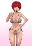  1girl akisora animal_print bangs bikini black_bikini breasts brown_eyes collarbone cowboy_shot danganronpa_(series) danganronpa_2:_goodbye_despair female_pubic_hair freckles gradient gradient_background groin halterneck hand_on_hip hand_up highres koizumi_mahiru large_breasts looking_at_viewer navel open_mouth pink_background pointing pointing_at_viewer pubic_hair shiny shiny_hair short_hair side-tie_bikini solo swimsuit tan upper_teeth white_bikini 