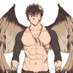  1boy abs bara bare_pectorals brown_hair check_copyright copyright_request feathered_wings feathers hachikou_nameko harpy_boy male_focus monster_boy muscular muscular_male navel nipples open_fly original pectorals pubic_hair pubic_hair_peek scar scar_on_cheek scar_on_chest scar_on_face short_hair shrug_(clothing) sideburns solo spread_wings stomach toned toned_male upper_body wings 