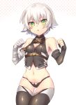  1girl bandaged_arm bandages bare_shoulders black_legwear black_panties breasts cleavage_cutout clothing_cutout fate/apocrypha fate/grand_order fate_(series) gloves green_eyes grey_hair highres jack_the_ripper_(fate/apocrypha) kisaragi_saki looking_at_viewer navel panties simple_background single_glove solo thighhighs underwear 