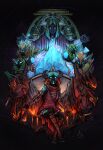  2girls 3girls 6+boys absurdres albuff aqua_eyes arms_up artifact bandaged_leg bandages closed_mouth commentary crystal dark dark-skinned_female dark-skinned_male dark_background dark_skin defense_of_the_ancients dire_melee_creep dota_2 english_commentary full_body glowing glowing_eyes highres holding holding_weapon kanna_(artifact) leaf looking_ahead looking_at_viewer looking_away looking_down molten_rock multiple_boys multiple_girls open_hand prellex purple_background radiant_melee_creep radiant_ranged_creep signature sitting valve_software weapon 