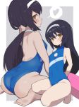  1girl armpits ass back bangs black_hair blue_swimsuit border breasts brown_eyes casual_one-piece_swimsuit covered_navel cutout_above_navel eyebrows_visible_through_hair feet girls_und_panzer grey_background hair_pull hairband highres long_hair m_legs one-piece_swimsuit reizei_mako sitting small_breasts solo swimsuit thighs turtleneck white_border white_hairband yabai_gorilla 