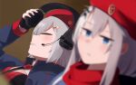  2girls 9a-91_(girls&#039;_frontline) beret blue_dress blue_eyes blurry blush brown_background depth_of_field dress empty_eyes expressionless fingerless_gloves girls&#039;_frontline gloves hat headphones headset headset_removed highres hinami047 leaning_back meme mourinho_disgust_(meme) multiple_girls ots-12_(girls&#039;_frontline) parody red_headwear red_scarf scarf short_hair star_(symbol) upper_body white_hair 