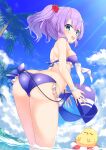  1girl :d ass azur_lane back bad_anatomy ball bangs bare_arms beachball bikini blue_bikini blue_sky bracelet breasts coconut_tree day flower frilled_bikini frills green_eyes hair_between_eyes hair_flower hair_ornament highres holding holding_ball holding_beachball innertube javelin_(azur_lane) javelin_(beach_picnic!)_(azur_lane) jewelry manjuu_(azur_lane) mountainous_horizon open_mouth outdoors palm_tree purple_eyes shinko_gunsei shoulder_blades sky small_breasts smile solo swimsuit thighs tree twintails v-shaped_eyebrows wading wet 