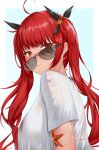  1girl absurdres artist_name azur_lane bangs blush breasts closed_mouth eyebrows_visible_through_hair from_side glasses highres honolulu_(azur_lane) ichikushi_mojibake large_breasts long_hair looking_at_viewer looking_to_the_side red_eyes red_hair shirt simple_background solo starfish sunglasses twintails wet wet_clothes wet_shirt white_shirt 