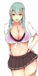  1girl aqua_hair blush bra breasts brown_legwear brown_skirt cleavage eyebrows_visible_through_hair green_eyes hair_ornament hairclip hand_on_back hand_on_hip highres jewelry kantai_collection katsuten large_breasts long_hair looking_at_viewer navel necklace open_mouth panties purple_bra skirt solo suzuya_(kancolle) tank_top thighhighs underwear white_background white_tank_top 