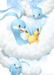  altaria artist_name bird closed_eyes commentary_request evolutionary_line fluffy gen_1_pokemon gen_3_pokemon highres open_mouth pikachu pokemon pokemon_(creature) sasabunecafe sleeping smile swablu tongue 