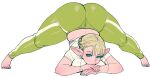  1girl ass barefoot blue_eyes breasts elf elf-san_wa_yaserarenai. erufuda-san feet green_pants huge_ass jack-o&#039;_challenge legs pants pointy_ears shirt solo synecdoche thick_thighs thighs top-down_bottom-up white_shirt wide_hips 