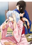  2boys absurdres barefoot black_eyes black_hair blue_kimono cosmetics crossdressing floral_print gintama hair_brushing highres holding holding_brush holding_lipstick_tube indian_style indoors japanese_clothes katsura_kotarou kimono kneeling leaf_print lipstick_tube long_hair long_sleeves makeup multiple_boys nail_polish obi pink_kimono print_kimono purple_nails red_eyes red_lips sakata_gintoki sash shinomy shiny shiny_hair silver_hair sitting twintails wide_sleeves yukata 