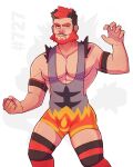  1boy bara beard black_hair blush bulge claw_pose facial_hair fang feet_out_of_frame flame_print geckobara gen_7_pokemon green_eyes highres incineroar large_pectorals looking_at_viewer male_cleavage male_focus mature_male multicolored_hair muscular muscular_male nipple_slip nipples pectorals personification pokemon red_hair red_legwear short_hair sidepec skindentation solo striped striped_legwear thick_thighs thighhighs thighs two-tone_hair wrestling_outfit 