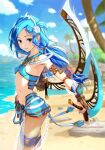  1girl arm_guards armpits bare_shoulders beach blue_eyes blue_hair blue_sky breasts dana_(ys) day dual_wielding from_side hairband holding holding_weapon long_hair looking_at_viewer looking_to_the_side low_twintails navel outdoors palm_tree parted_lips revealing_clothes see-through sky small_breasts solo standing starfish stomach thigh_strap tree twintails weapon white_hairband yoshitake ys ys_viii_lacrimosa_of_dana 