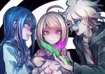  1boy 2girls @_@ akamatsu_kaede blonde_hair blood blue_eyes blue_hair crazy_smile cropped_torso danganronpa:_trigger_happy_havoc danganronpa_(series) danganronpa_2:_goodbye_despair danganronpa_v3:_killing_harmony from_side green_blood green_jacket jacket knife komaeda_nagito long_hair maizono_sayaka messy_hair multiple_girls musical_note pink_blood pink_eyes riyuta sailor_collar school_uniform short_hair swirl tears very_long_hair white_hair 