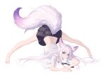  1girl absurdres animal_ear_fluff animal_ears antenna_hair bare_legs barefoot black_skirt breast_press breasts closed_mouth clothing_cutout commentary_request fox_ears fox_girl fox_tail full_body hair_intakes highres jack-o&#039;_challenge kirby_d_a large_tail long_hair looking_at_viewer medium_breasts miniskirt original pleated_skirt purple_eyes shirt short_sleeves silver_hair simple_background skirt smile solo spread_legs tail tail_cutout top-down_bottom-up very_long_hair white_background white_shirt 