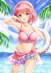  1girl :d bangs bare_arms bare_shoulders bikini blush braid breasts brown_eyes cleavage commentary_request day eyebrows_visible_through_hair feet_out_of_frame frilled_bikini frills hair_between_eyes hand_up highres hoshizaki_akari innertube looking_at_viewer medium_breasts ongeki open_mouth outdoors palm_tree pink_bikini pink_hair polka_dot polka_dot_bikini sarong smile solo standing starfish swimsuit tree upper_teeth water water_drop zenon_(for_achieve) 