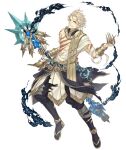  1boy aladdin_(character) asymmetrical_clothes blonde_hair blue_eyes bracer claw_ring full_body holding holding_staff ji_no looking_at_viewer official_art sandals scar sinoalice smoke solo staff torn_clothes transparent_background 