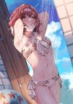  1girl :o absurdres armpits arms_up bangs bare_arms bikini blush breasts brown_eyes brown_hair cloud cowboy_shot floral_print front-tie_bikini front-tie_top groin hair_between_eyes halterneck highres higuchi_madoka idolmaster idolmaster_shiny_colors mole mole_under_eye navel open_mouth short_hair shower_(place) showering side-tie_bikini sky small_breasts solo stomach swimsuit tile_wall tiles uouokuma wet white_bikini 