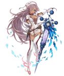  1girl blue_eyes boots breasts cinderella_(sinoalice) dark_skin elbow_gloves full_body gloves hair_over_one_eye hat ji_no large_breasts long_hair looking_at_viewer nurse nurse_cap official_art purple_hair sinoalice solo syringe thigh_boots thighhighs transparent_background very_long_hair white_gloves white_legwear 