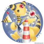  ampharos artist_name black_eyes closed_mouth commentary_request flag gen_2_pokemon grey_sailor_collar holding holding_stick lighthouse no_humans outstretched_arm pokemon pokemon_(creature) sailor_collar sasabunecafe smile solo star_(symbol) stick 