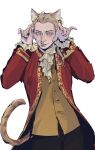  1boy animal_ears animification ascot black_pants blonde_hair blue_eyes cat_ears cat_tail claw_pose coat commentary english_commentary fangs fangs_out highres kemonomimi_mode looking_at_viewer lullindo male_focus open_clothes open_coat pants paw_pose real_life red_coat sanpaku simple_background smile solo standing tail upper_body vest white_background wolfgang_amadeus_mozart yellow_vest 