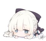  1girl beni_shake black_bow black_legwear black_leotard bow braid chibi closed_mouth commentary_request fate/grand_order fate_(series) full_body grey_eyes grey_hair hair_bow leotard long_hair long_sleeves looking_at_viewer lying morgan_le_fay_(fate) no_shoes on_stomach shadow signature solo thighhighs very_long_hair white_background 