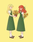  2girls :o behind_back belt blonde_hair blush bouquet bow bowtie breasts color_coordination curly_hair dress flower flower_pot gift green_dress hair_bow headband layered_dress long_dress mary_janes matching_outfit multiple_girls original puffy_short_sleeves puffy_sleeves red_hair rikuwo shirt shirt_under_dress shoes short_sleeves small_breasts socks sunflower undershirt white_shirt yellow_background yuri 