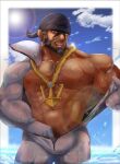  1boy abs anchor_necklace archie_(pokemon) bara bare_pectorals beard black_eyes black_hair blue_bandana blush bodysuit bulge chest_hair dark-skinned_male dark_skin facial_hair hand_under_clothes large_pectorals looking_at_viewer male_focus male_pubic_hair mature_male muscular muscular_male mustache navel navel_hair nipples official_alternate_costume open_bodysuit partially_submerged pectorals penis pokemon pokemon_(game) pokemon_oras pubic_hair pubic_hair_peek sansai_(sansaka_saku) short_hair solo stomach sun sunlight thighs tongue tongue_out unzipped veins water wet wet_clothes wetsuit white_bodysuit 