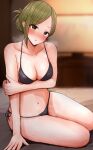  1girl :o arm_under_breasts armpit_crease bed bed_sheet bikini black_bikini blurry blush breasts cleavage collarbone depth_of_field folded_ponytail full-face_blush green_hair halterneck head_tilt highres holding_own_arm idolmaster idolmaster_shiny_colors looking_at_viewer mebunryo_(mebunryo2) medium_breasts midriff nanakusa_hazuki navel on_bed side-tie_bikini sitting sitting_on_bed solo sweatdrop swimsuit television thighs yokozuwari 