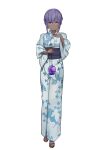  1girl absurdres animal_print ball bangs blue_kimono fate/grand_order fate/prototype fate/prototype:_fragments_of_blue_and_silver fate_(series) fish_print hand_on_own_chest hassan_of_serenity_(fate) highres holding japanese_clothes kimono looking_at_viewer obi print_kimono purple_eyes purple_hair sash short_hair simple_background slippers smile solo taruto_(takug0812) white_background yukata 