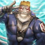  1boy bald bara beard blue_bodysuit bodysuit boku_no_hero_academia chest_harness colored_skin facial_hair fins fish_boy furry furry_male goggles goggles_on_head grey_skin grin harness huzzhuz large_pectorals looking_at_viewer male_cleavage male_focus mature_male muscular muscular_male pectorals selkie_(boku_no_hero_academia) smile solo sparkle upper_body v water wet wetsuit whiskers 