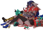  2girls animal_ears blue_eyes blue_hair blush bow bow_earrings chain closed_eyes controller earrings eyebrows_visible_through_hair hair_between_eyes hakos_baelz high_heels holding holding_controller hololive hololive_english jewelry mamaloni mouse_ears mouse_girl mouse_tail multiple_girls open_mouth ouro_kronii red_hair sharp_teeth short_hair simple_background sitting tail teeth thighhighs white_background 