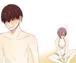  1boy 1girl angry bangs bikini blush breasts brown_background brown_hair cleavage collarbone commentary_request gradient gradient_background grey_bikini halterneck highres kaneki_ken kirishima_touka large_breasts mole mole_under_eye navel no_eyes open_mouth purple_hair red_bikini shiny shiny_hair shirtless short_hair sitting slap_mark sweat swimsuit tokyo_ghoul toukaairab white_background 