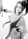  1girl ass bangs bare_shoulders breasts cleavage closed_fan collarbone eyelashes fatal_fury fingernails folding_fan from_above gradient gradient_background greyscale halterneck hand_fan hand_on_hip high_ponytail highres holding holding_fan japanese_clothes large_breasts looking_at_viewer monochrome mugetsu2501 ninja no_bra obi open_mouth parted_bangs pelvic_curtain ponytail pose revealing_clothes sash shiranui_mai simple_background sleeveless smile standing the_king_of_fighters thighs tied_hair wrist_cuffs 