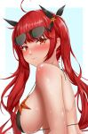  1girl absurdres artist_name azur_lane bangs bikini black_bikini blush breasts closed_mouth eyebrows_visible_through_hair eyewear_on_head from_side glasses highres honolulu_(azur_lane) ichikushi_mojibake large_breasts long_hair looking_at_viewer looking_to_the_side red_eyes red_hair simple_background solo starfish sunglasses swimsuit twintails wet 
