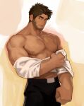  1boy abs bara bare_pectorals beard black_pants bulge dark-skinned_male dark_skin facial_hair large_pectorals looking_to_the_side male_focus mature_male muscular muscular_male neilos nipples open_clothes open_shirt original pants pectorals short_hair sideburns solo stubble undressing 