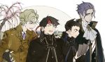  4boys ascot asogi_kazuma bangs barok_van_zieks black_gloves black_hair blonde_hair brown_coat cape closed_eyes closed_mouth coat dai_gyakuten_saiban fingerless_gloves gloves gyakuten_saiban hachimaki headband high_collar holding holding_map long_sleeves male_focus map multiple_boys naruhodou_ryuunosuke open_mouth petals purple_hair red_headband scar scar_on_face sherlock_holmes_(gyakuten_saiban) suou trench_coat 