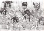  6+boys abs animal_ears bangs bara bare_pectorals breath cat_ears character_request crossed_arms draph facial_hair geisenborger granblue_fantasy greyscale headband highres male_focus mature_male medium_hair monochrome multiple_boys muscular muscular_male navel navel_hair no_nipples pectorals petite reinhardtzar sauna short_hair sideburns size_difference steam stomach stubble sweat swept_bangs toned toned_male zanki 