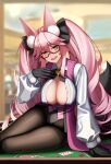  1girl animal_ear_fluff animal_ears bangs black_gloves black_legwear black_leotard black_neckwear black_ribbon blush bow bowtie breasts cleavage collared_shirt commentary_request dydydyok eyebrows_visible_through_hair fate/grand_order fate_(series) fox_ears fox_girl glasses gloves hair_ornament hair_ribbon highres koyanskaya_(fate) large_breasts leotard long_hair long_sleeves looking_at_viewer open_mouth pantyhose parted_lips pink_hair pink_vest poker_chip poker_table revision ribbon shirt sitting smile solo tamamo_(fate) twintails very_long_hair vest white_shirt yellow_eyes 
