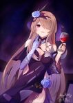  1girl :d absurdres alcohol bangs bare_shoulders brown_hair cup dress drinking_glass flower gloves hair_flower hair_ornament hair_over_one_eye halfmoe highres holding holding_cup honkai_(series) honkai_impact_3rd long_hair looking_at_viewer mole mole_under_eye night night_sky open_mouth outdoors purple_dress purple_eyes purple_flower purple_gloves purple_rose rita_rossweisse rita_rossweisse_(fallen_rosemary) rose single_glove sky sleeveless sleeveless_dress smile star_(sky) wine wine_glass 