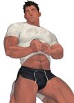  1boy abs bara black_shorts bulge clothes_lift covered_nipples dark-skinned_male dark_skin dolphin_shorts erection erection_under_clothes horikwawataru kneeling large_pectorals male_focus midriff_peek muscular muscular_male navel navel_hair original pectorals see-through shirt shirt_lift short_hair short_shorts shorts solo stomach thick_thighs thighs tight tight_shirt wet wet_clothes wet_shirt white_background white_shirt 