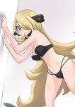  1girl absurdres against_wall bangs bare_arms bare_shoulders bikini black_bikini blonde_hair breasts brown_eyes cynthia_(pokemon) gen_4_pokemon gible grey_background hair_ornament hair_over_one_eye highres long_hair looking_at_viewer medium_breasts navel pokemon pokemon_(creature) pokemon_(game) pokemon_dppt shiny shiny_hair shiny_skin solo_focus strapless strapless_bikini swimsuit tororonoyama very_long_hair 