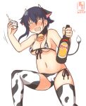  1girl alcohol animal_ears animal_print artist_logo asymmetrical_hair bell bikini black_hair blush bottle breasts cameltoe closed_eyes commentary_request covered_nipples cow_ears cow_horns cow_print cow_tail cowbell cowboy_shot dated drink drooling drunk fake_animal_ears fake_horns front-tie_top hair_between_eyes horns i-14_(kancolle) kanon_(kurogane_knights) kantai_collection medium_breasts micro_bikini nose_blush one-hour_drawing_challenge saliva short_hair side-tie_bikini simple_background smile solo swimsuit tail thighhighs white_background white_bikini white_legwear 