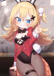  1girl abercrombie_(azur_lane) abercrombie_(mischief_on_the_rocks)_(azur_lane) animal_ears azur_lane bangs black_hairband black_leotard blonde_hair blue_eyes blush breasts brown_legwear commentary_request eyebrows_visible_through_hair grin groin hair_between_eyes hair_ornament hairband hand_up highres jacket juliet_sleeves kokone_(coconeeeco) leotard long_sleeves looking_at_viewer one_side_up pantyhose playboy_bunny puffy_sleeves rabbit_ears rabbit_tail red_jacket small_breasts smile solo stool strapless strapless_leotard tail x_hair_ornament 