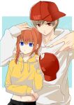  1boy 1girl absurdres baseball_cap blue_background blue_eyes border braid brown_hair couple gintama hand_on_another&#039;s_head hat highres hood hood_down hooded_sweater kagura_(gintama) long_hair looking_at_viewer midriff navel okita_sougo red_eyes red_headwear shinomy short_hair stomach sweater twin_braids upper_body white_border white_sweater yellow_sweater 