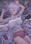  1girl arms_up bangs bed between_legs blush breasts can cellphone closed_eyes commentary_request cowboy_shot demon_tail dolphin_shorts drinking_straw hair_ornament hairclip head_wings heart highres hong horns large_breasts long_hair lying midriff multiple_horns navel nintendo_switch on_back on_bed open_mouth original phone pillow red_shorts shirt short_shorts short_sleeves shorts silver_hair sleeping smartphone solo stuffed_animal stuffed_bunny stuffed_toy tail white_shirt 
