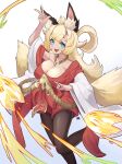  +_+ 1girl absurdres animal_ear_fluff animal_ears aoaoaoao_(baiyanheibing) blonde_hair blue_eyes breasts brown_legwear cleavage dress fang fox_ears fox_girl fox_shadow_puppet fox_tail hair_rings highres inaho_(world_flipper) large_breasts long_hair multiple_tails off-shoulder_dress off_shoulder open_mouth pantyhose rope smile solo tail v wide_sleeves world_flipper 