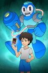  1boy arm_cannon black_hair bodysuit brown_eyes card guilhermerm helmet highres judgement_(tarot) mega_man_(character) mega_man_(classic) mega_man_(series) persona smile super_smash_bros. weapon 