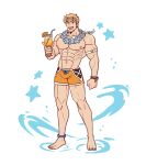  1boy :d abs alternate_costume alternate_pectoral_size anklet bangs bara bare_pectorals barefoot blonde_hair bulge cocktail_glass cup drinking_glass eyewear_on_head flower flower_necklace full_body granblue_fantasy highres jewelry large_pectorals looking_at_viewer male_focus male_swimwear muscular muscular_male navel necklace nipples oneirio open_mouth orange_male_swimwear pectorals short_hair smile solo stomach sunglasses swim_trunks vane_(granblue_fantasy) 